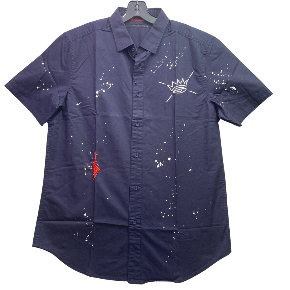 Sean John Shirt Mens Medium Embroidered Preppy Academia Splatter AOP Hip Hop